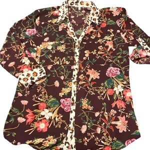Maurices Burgundy Floral Blouse Leopard Trim Adjustable Sleeves Size XXL NWOT